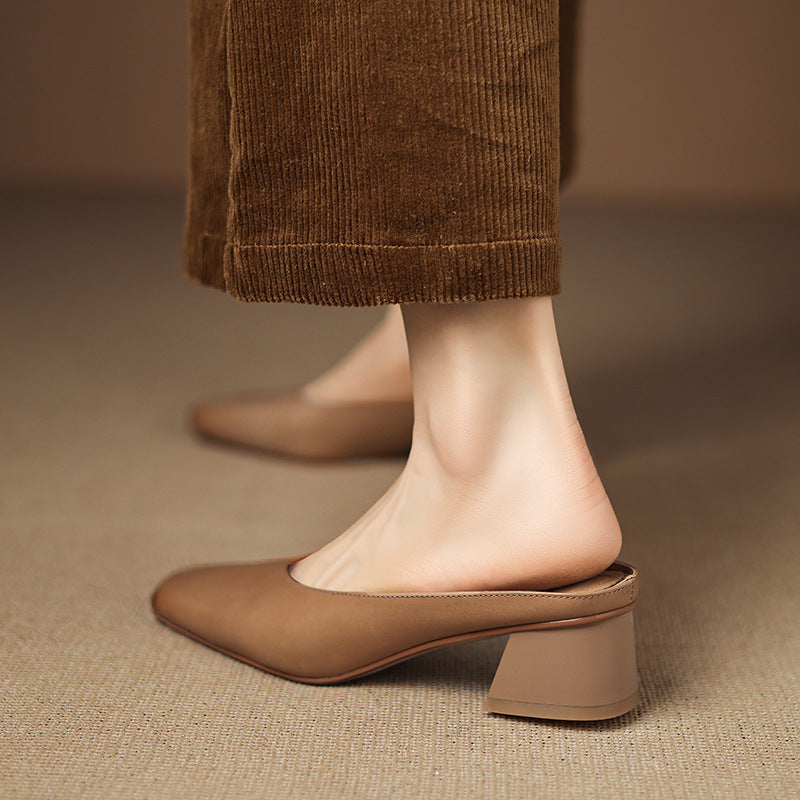 Velen Genuine Leather Square Toe Mule Heels