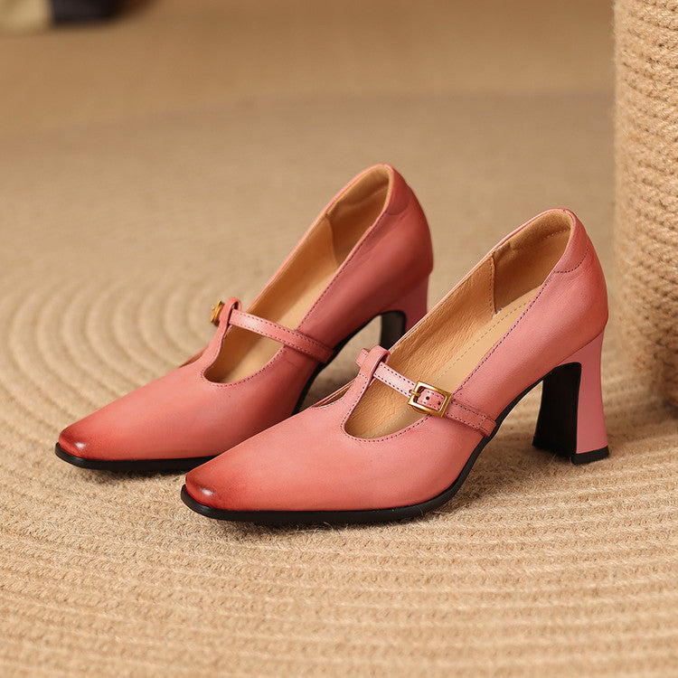 Petra Genuine Leather T-Strap Block Heels