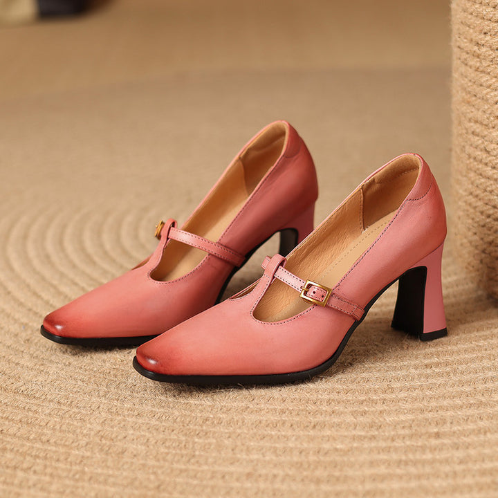 Petra Genuine Leather T-Strap Block Heels