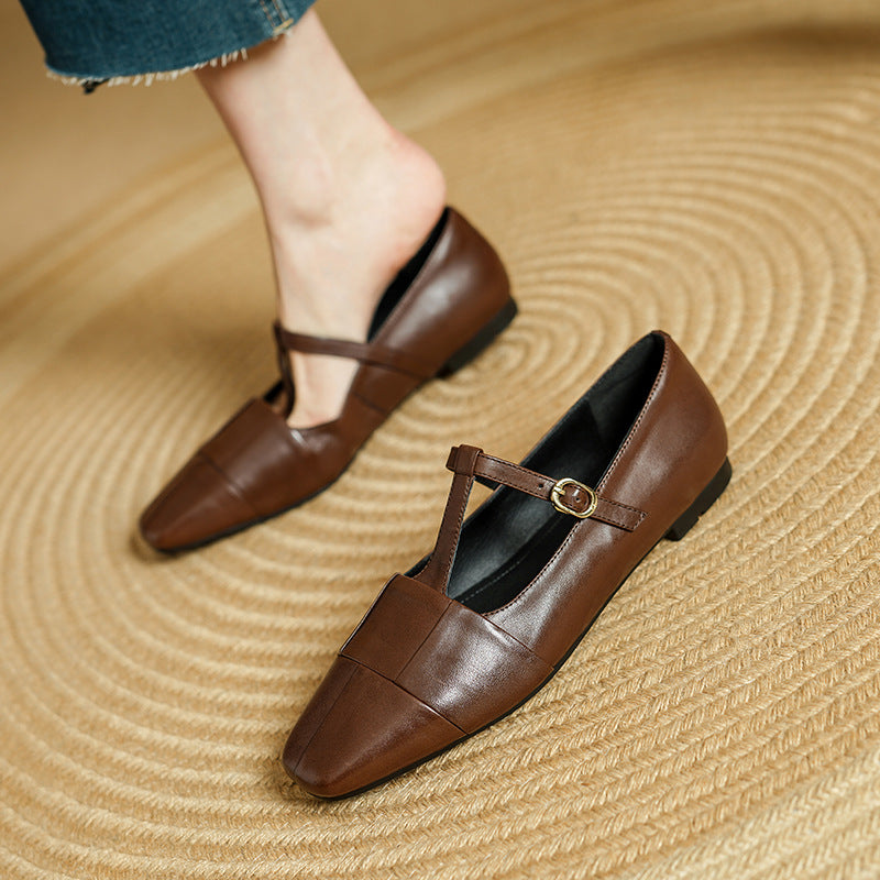 Letha Genuine Leather T-Strap Flats