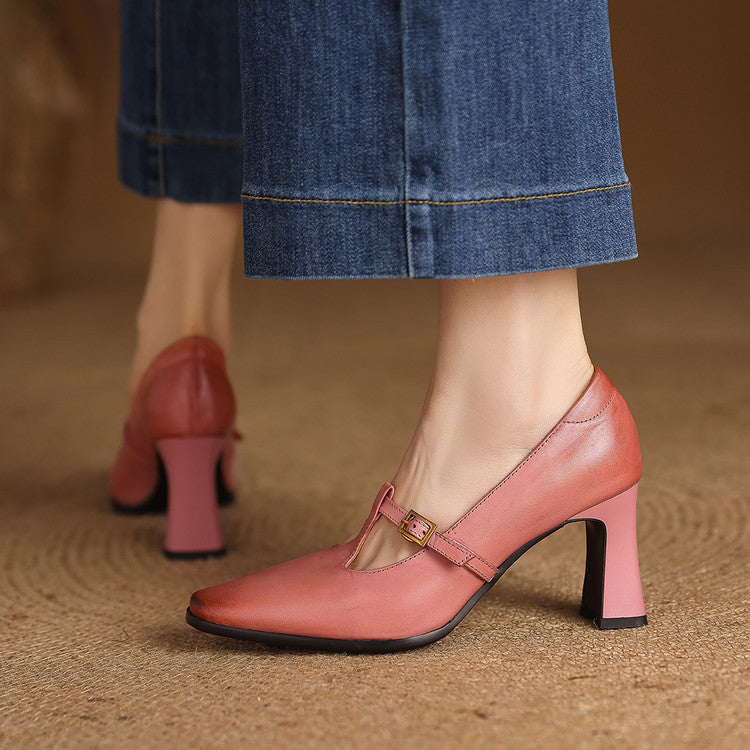 Petra Genuine Leather T-Strap Block Heels