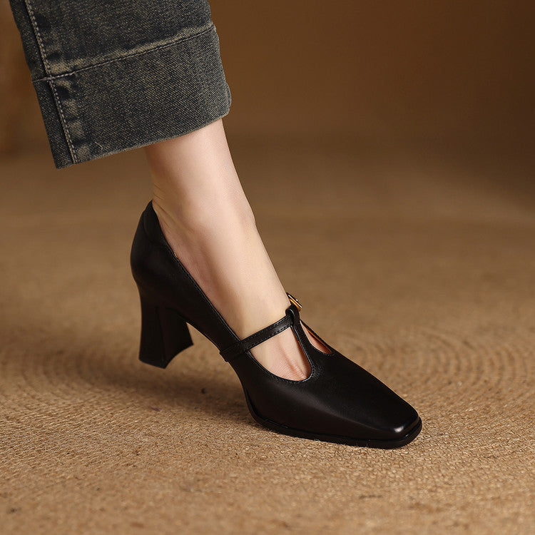 Petra Genuine Leather T-Strap Block Heels