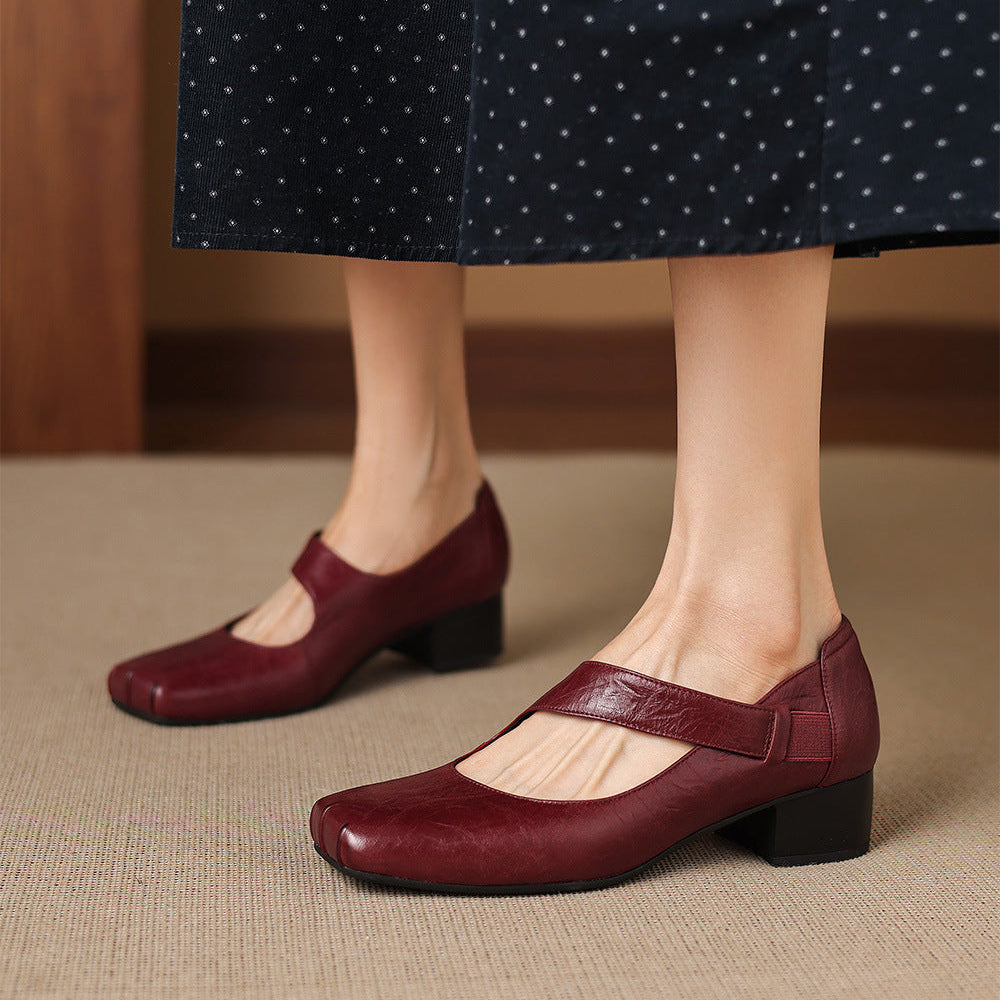Eslin Genuine Leather Square Toe Pumps