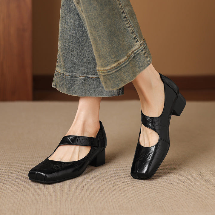 Eslin Genuine Leather Square Toe Pumps