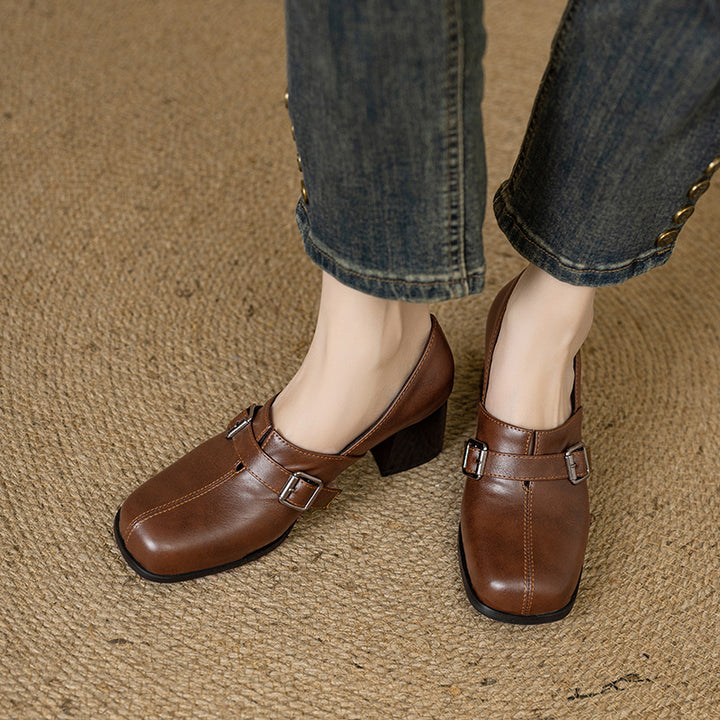Norah Genuine Leather Buckle Heels
