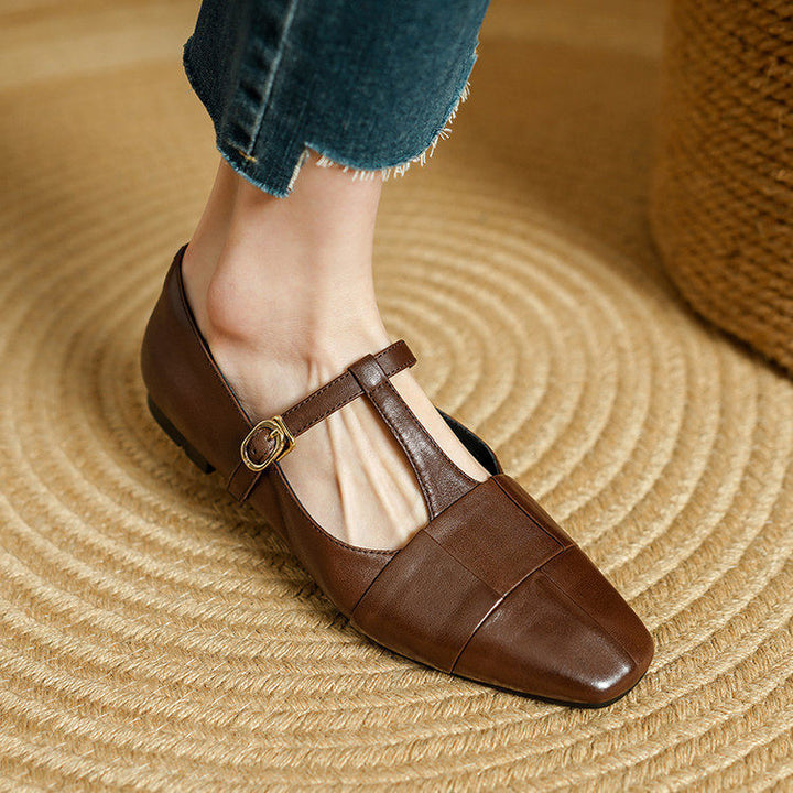 Letha Genuine Leather T-Strap Flats