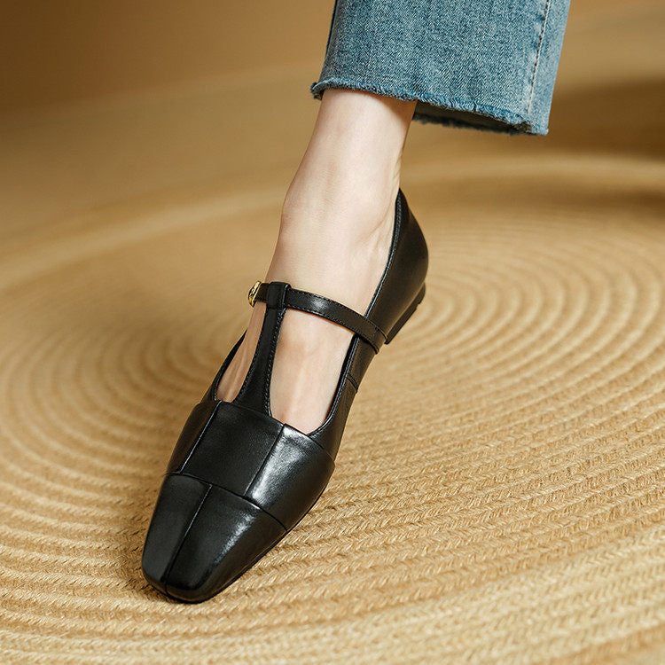 Letha Genuine Leather T-Strap Flats