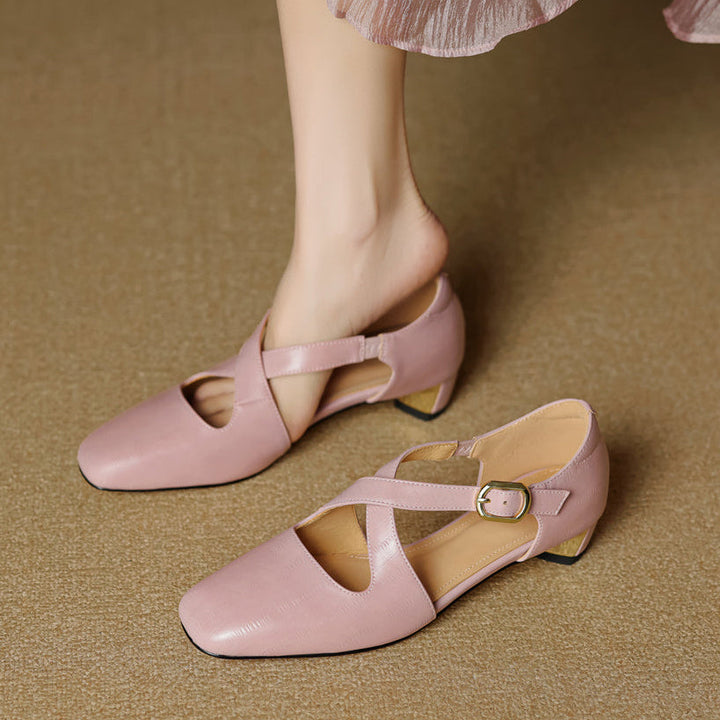 Rela Genuine Leather Cross-Strap Pumps