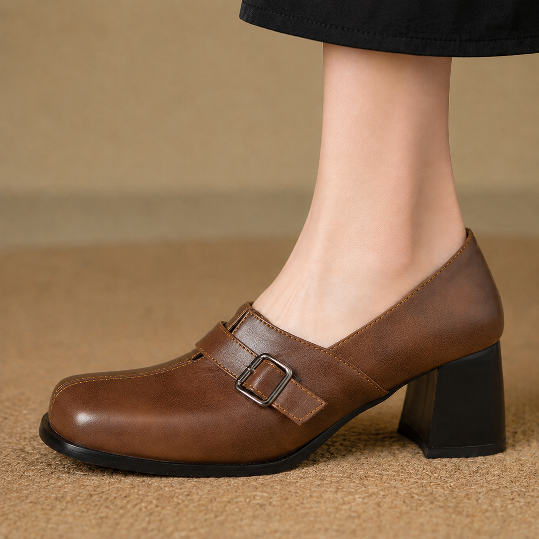 Norah Genuine Leather Buckle Heels