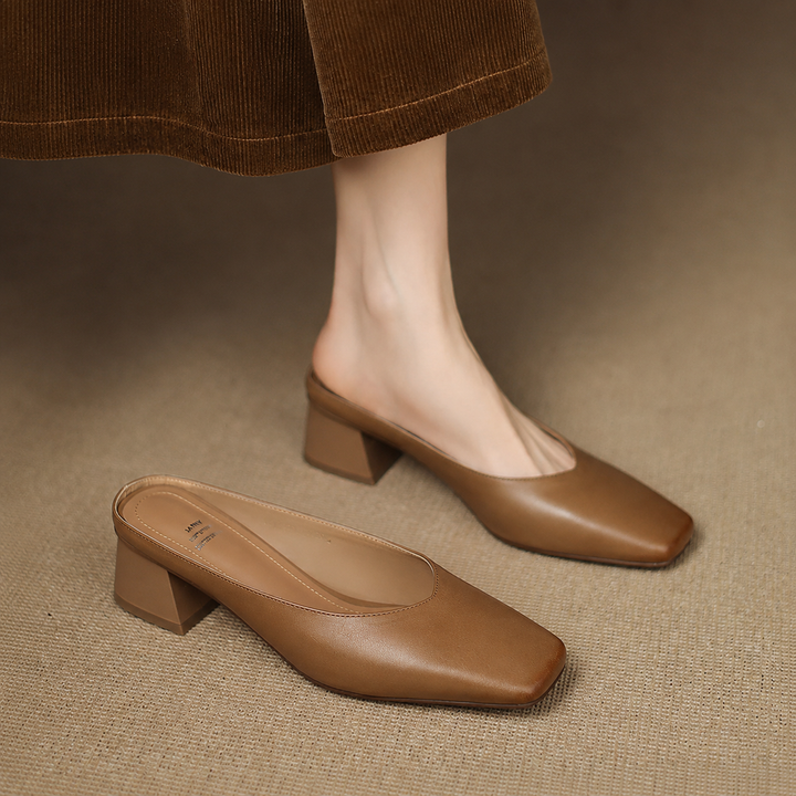 Velen Genuine Leather Square Toe Mule Heels